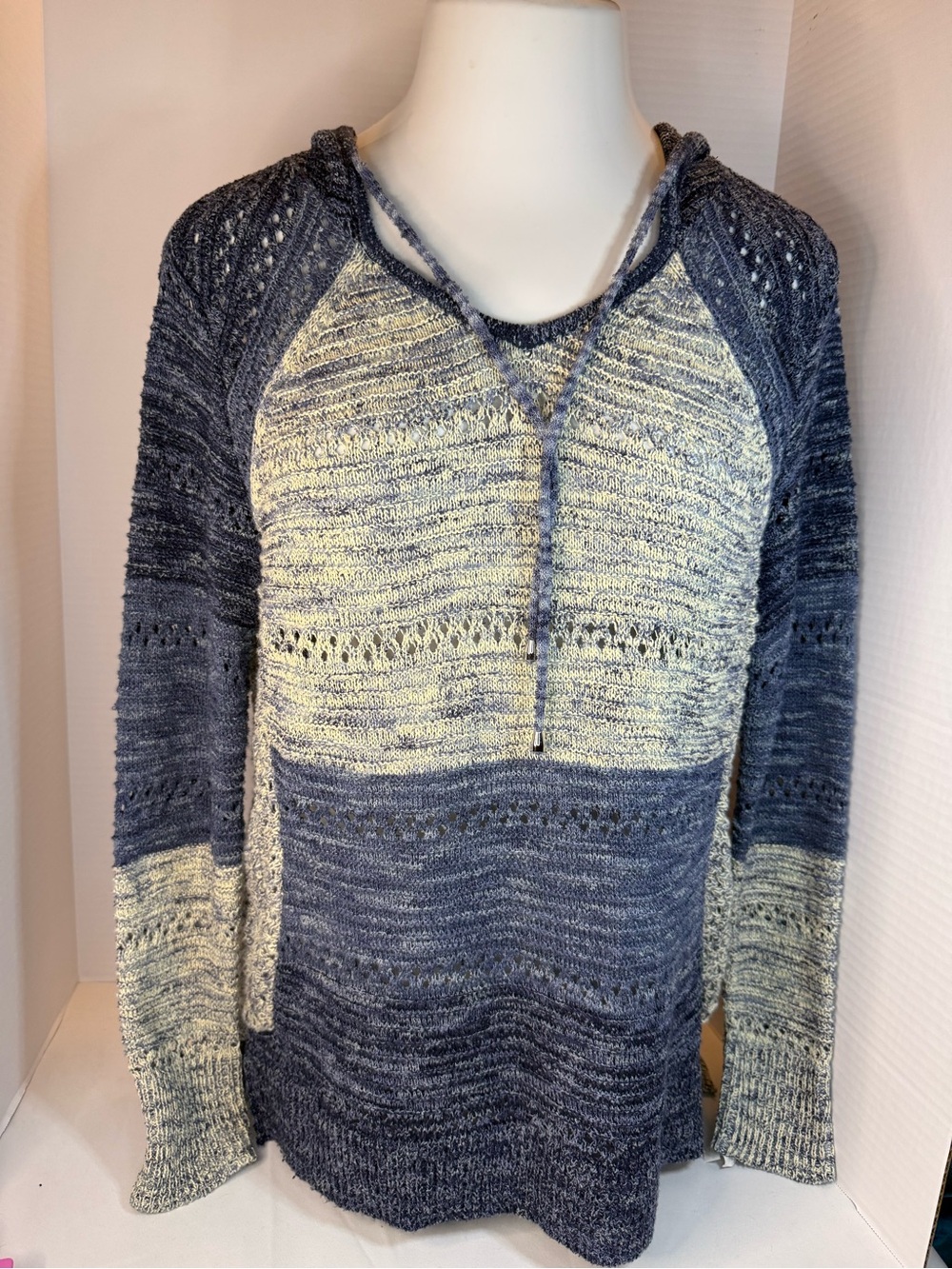 INC International Concepts Blue and Cream Hooded Knit Sweater